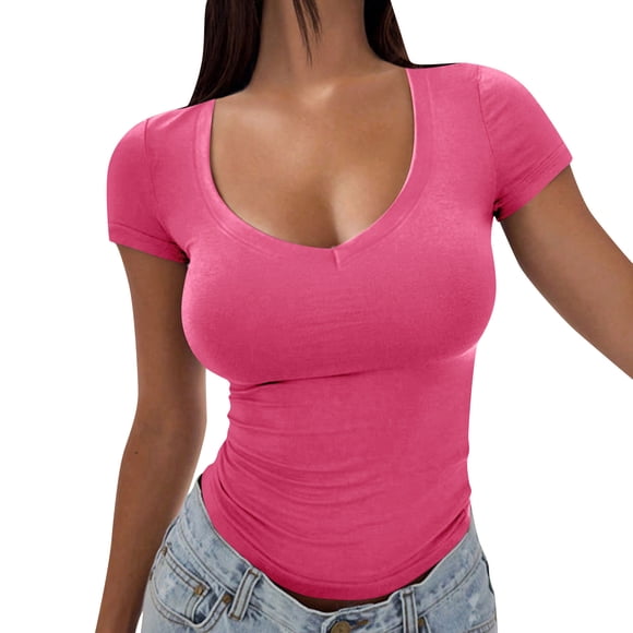 Hinvhai Womens Summer Tops Clearance V Neck T Shirts for Women Beach Vacation Clothes Short Sleeve Shirts for Women Basic Tee Hot Pink XL(XL)