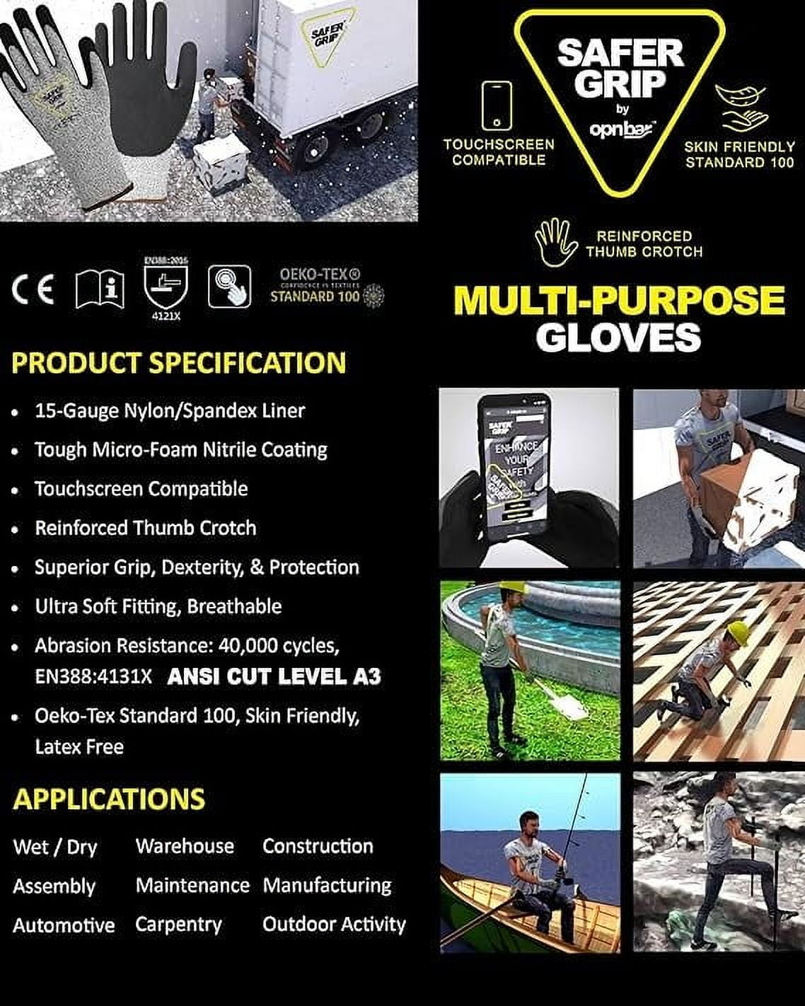 OPNBar Nitrile Coated Work Gloves - Touchscreen Compatible, A3 Cut Resistant, Reinforced Thumb Crotch, Safer Grip for Work (A3 Large, 12 Pair)