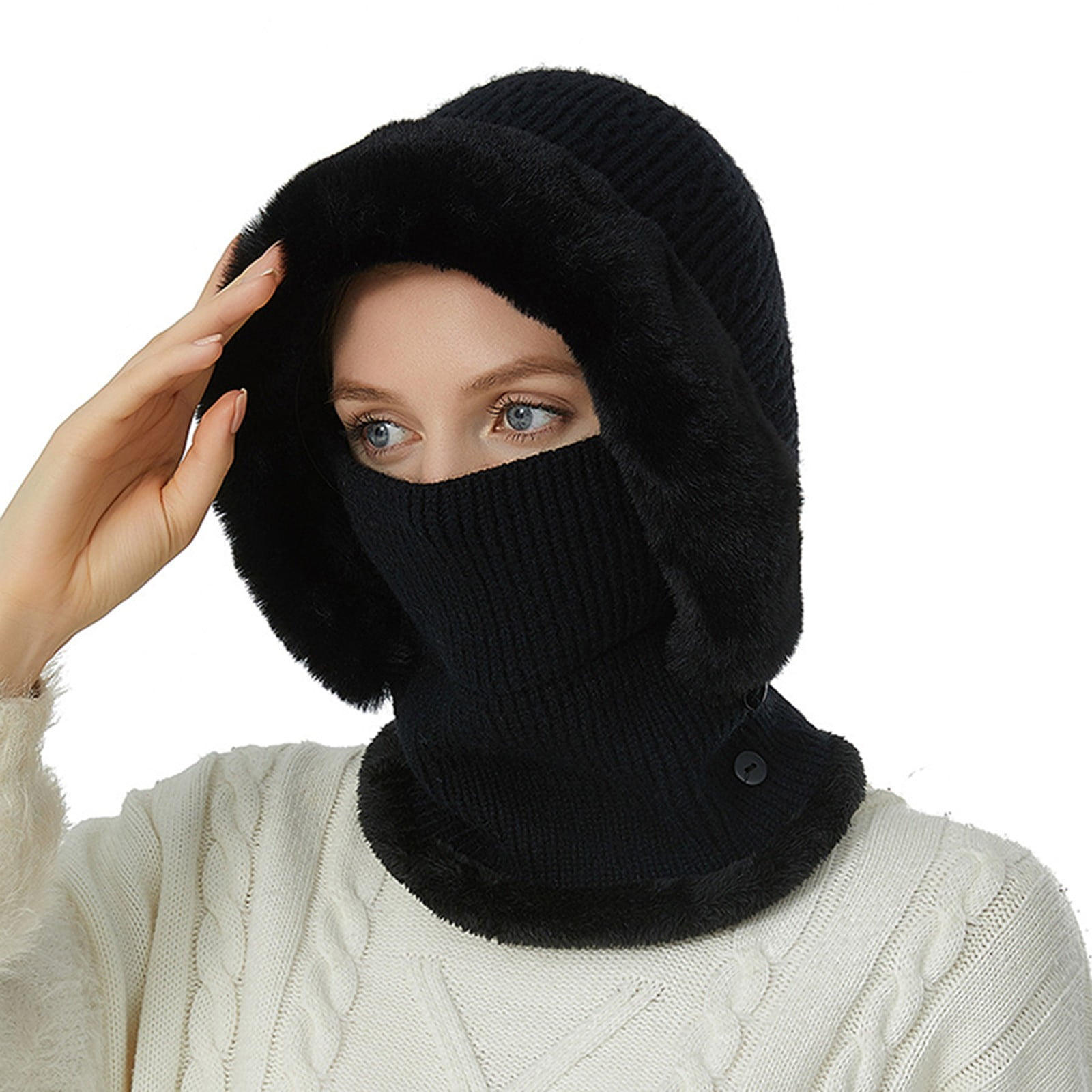 Tanhomme Wind-Resistance Winter,Fleece Ski Covers,Warm Face-Cover Hat Cap Scarf Womens Solid Color Knit Hat Ear Protector Scarf Warm Fashion Versatile Hat