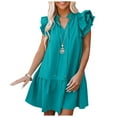 thumbnail image 4 of Yindaity Womens 2024 Summer V-Neck Drawstring Ruffle Cap Short Sleeve Side Pockets Mini Dress Sundress Green,XL, 4 of 4