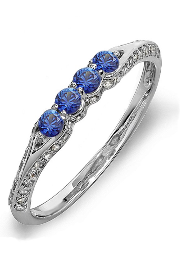 Collection 14K Round Blue Sapphire And White Diamond Anniversary Wedding Band Stackable Ring, White Gold, Size 6.5