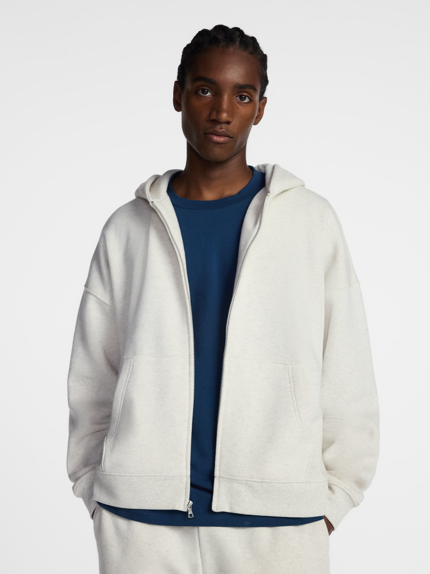 No Boundaries Boxy Oversized Fit Fleece Zip Hoodie Sweatshirt with Long Sleeves, Men's XS-4XLT