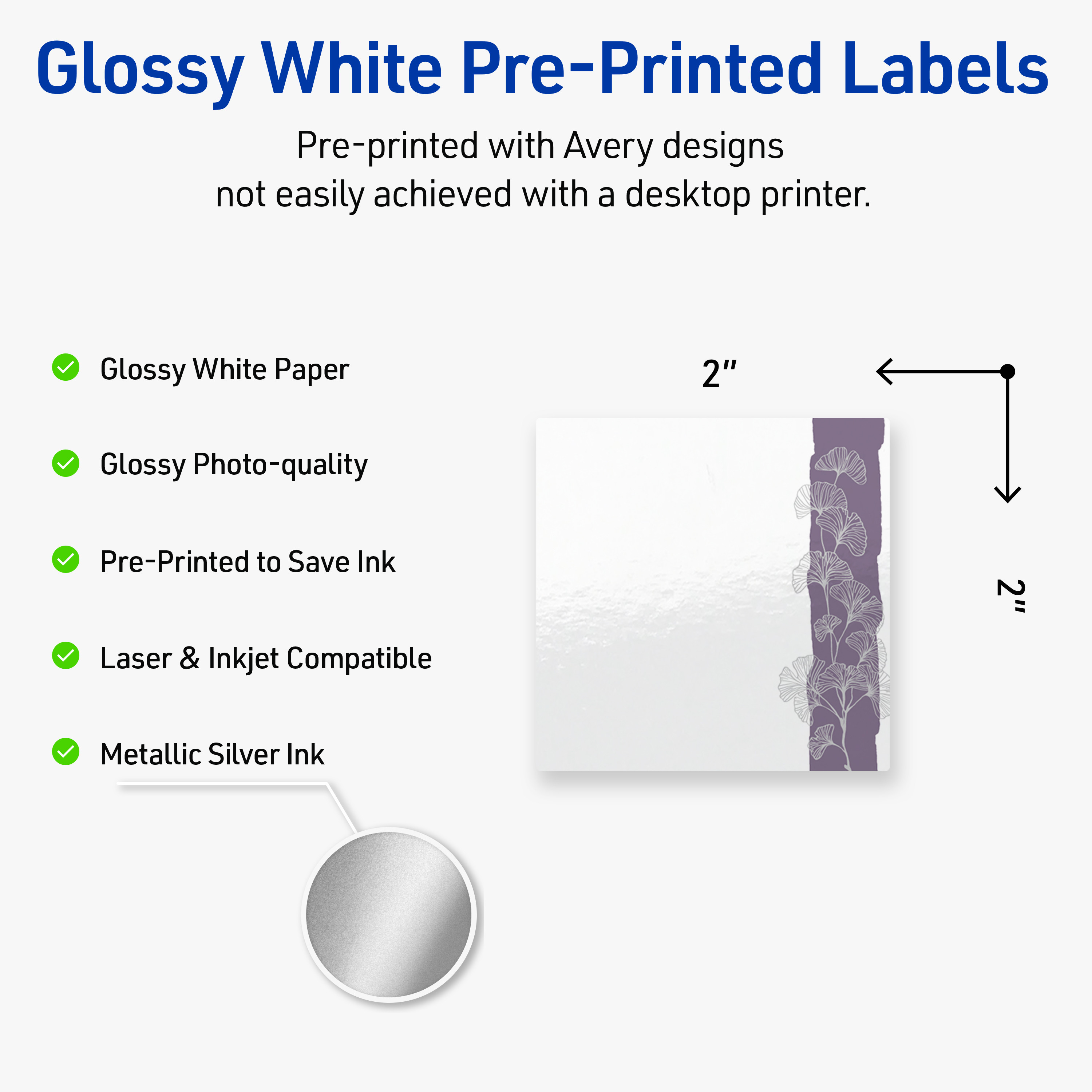 Avery Square Labels, Floral Design, 2" x 2", 120ct, Glossy, Purple and Silver Gingko Leaves