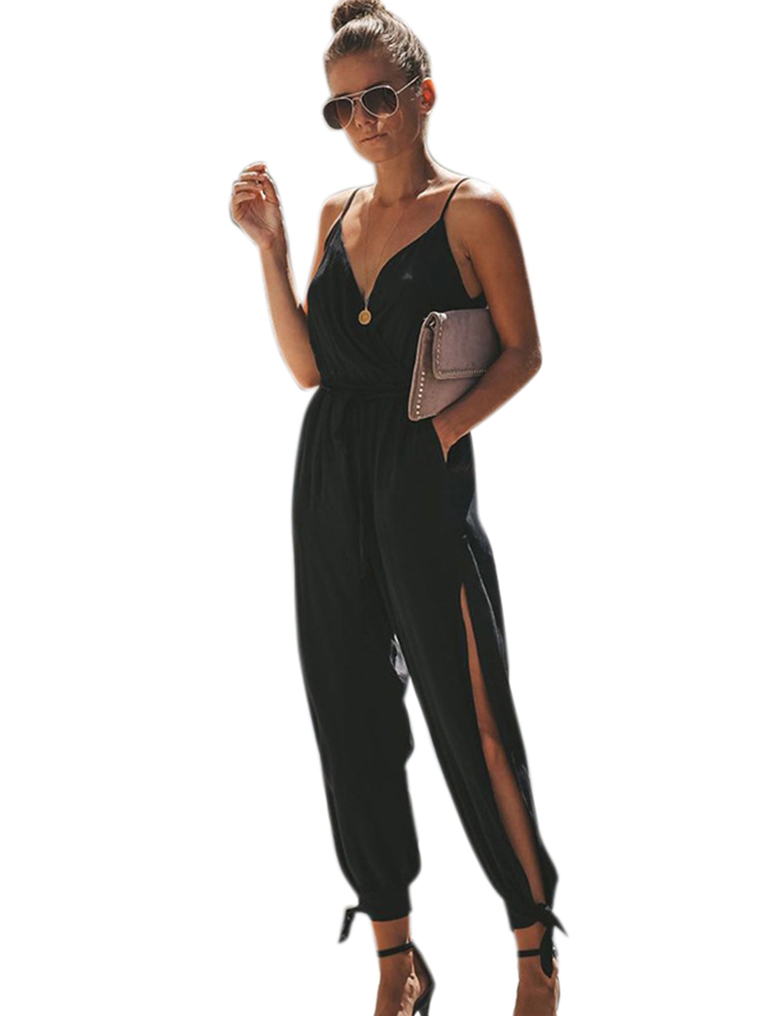 Lallc Women Floral Strappy V Neck Long Jumpsuit Summer Romper Slit