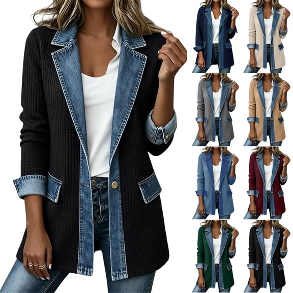 Husipze Womens Denim Blazer Jacket Long Sleeve Lapel Collar Single Button Knit Blazer Mid Length Casual Fall Winter Outerwear Black S
