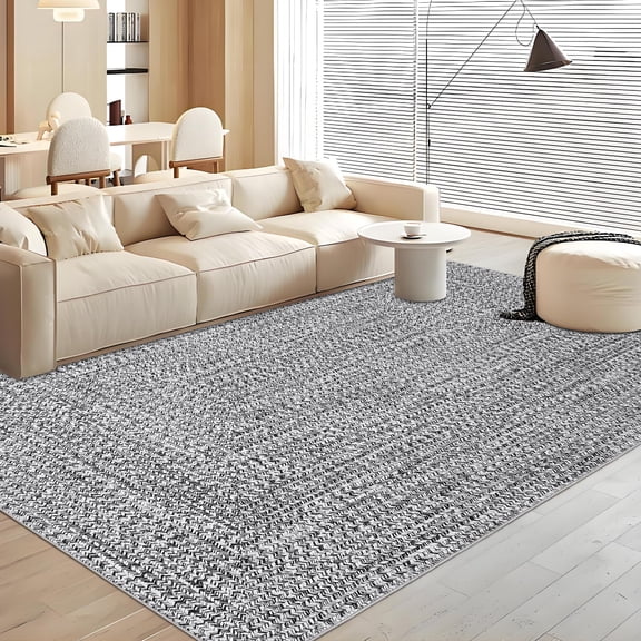 Washable Area Rugs 9x12 Rug Modern Solid Braided Large Rug Non-Slip Neutral Rugs for Living Room Low Pile Neutral Rug Rustic Braided Printed Carpets for Farmhouse Bedroom Dining Room Office,Grey