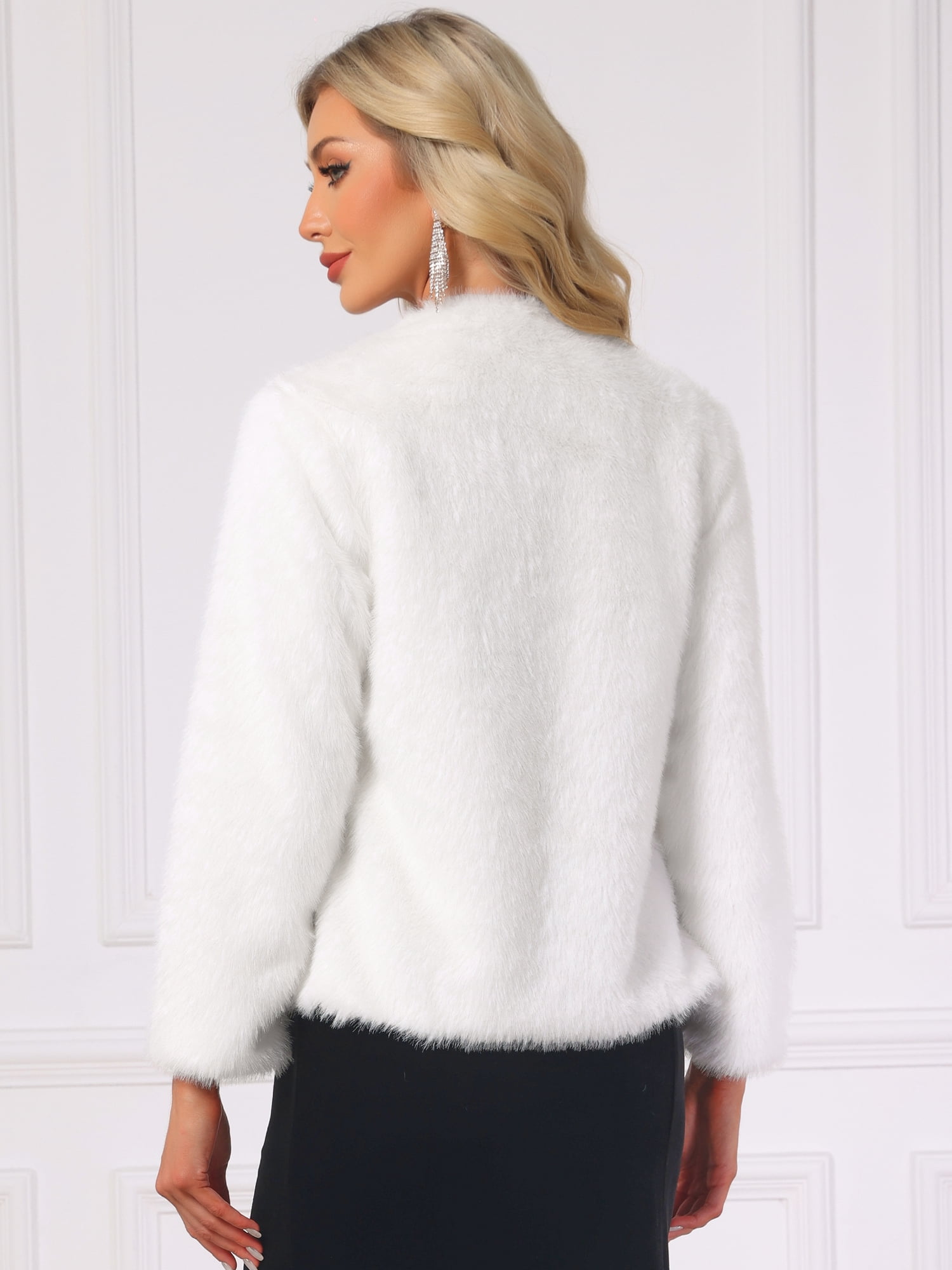 DARING DIVA Women's Faux Fur Long Sleeve Open Front Overcoat Fluffy Jacket S White