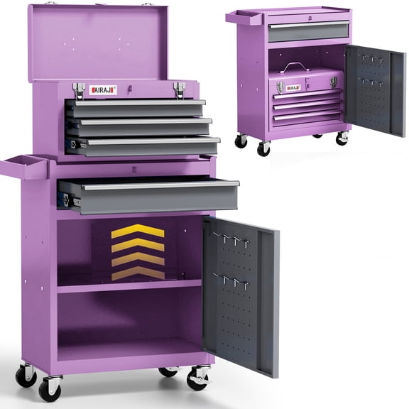 AIRAJ 40" Rolling Tool Cabinet with 4 Drawers, Heavy Duty Metal Tool Chest with Detachable Top Box, Lockable Mobile Storage Organizer for Mechanic, Garage & Professional Workshop (Purple)