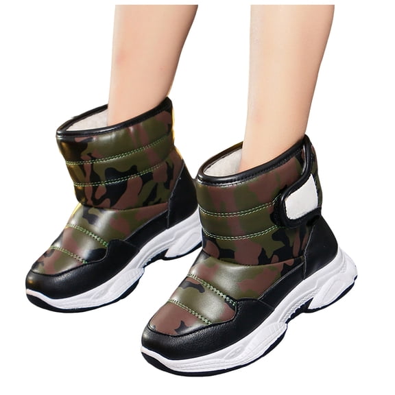 Boys Girls Camo Snow Boots Platform Nonslip Hook and Loop Insulated Thickened Warm Furry Lined High Top Cold Weather Winter Ankle Booties 3 Big Kid Green