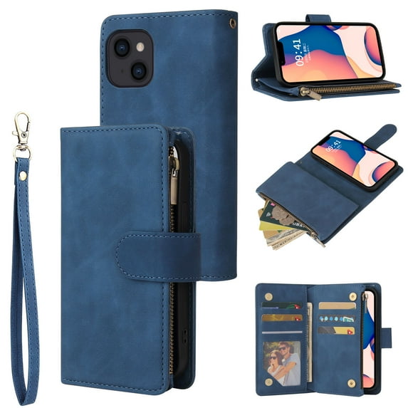 TECH CIRCLE iPhone 14 Pro Wallet Case, Classy PU Leather Zipper Purse Case Magnetic Buckle Folio Flip Cover Stand with Card Slots Wrist Strap for Apple iPhone 14 Pro 6.1 inch 2022, Blue
