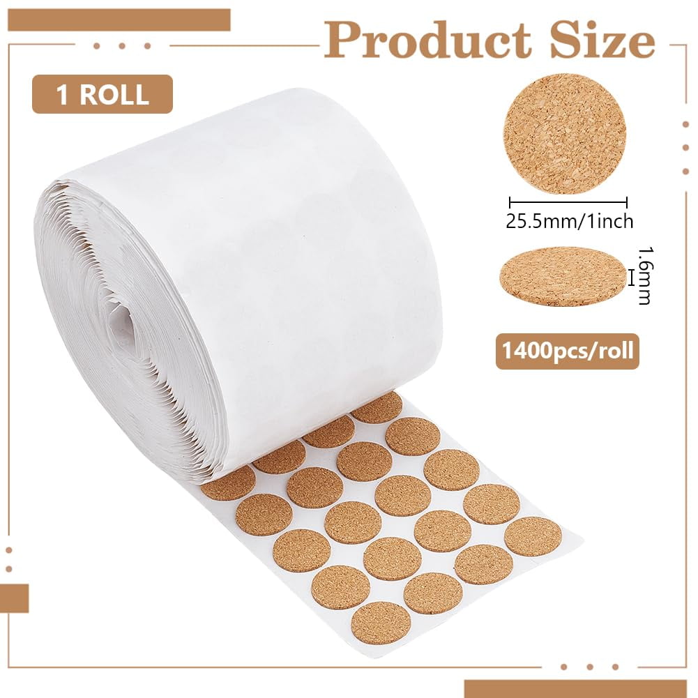 1 Roll Cork Stickers Flat Round Sienna 25.5x1.6mm 1400pcs/roll