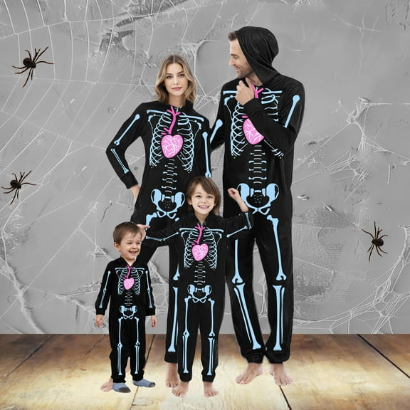 WXLWZYWL Family Halloween Pajamas Matching Sets Pullover Hoodies & Long Pants Halloween Skeleton Pajamas Funny Zipper Hooded Jumpsuit Pjs Matching Onesie Halloween Costumes
