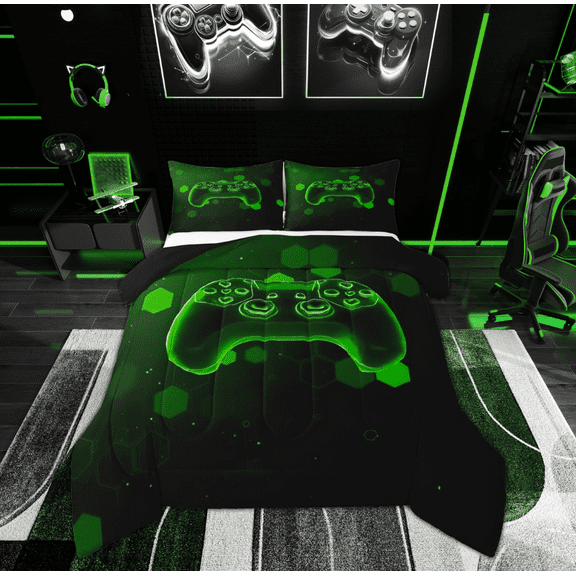 Feelyou Neon Green Gamepad Bedding Comforter Set for Boys, Futuristic Game Console Twin Comforter Sets, Chic Honeycomb Reversible Bedding Set, Luxury Bedroom Decor, 2pcs