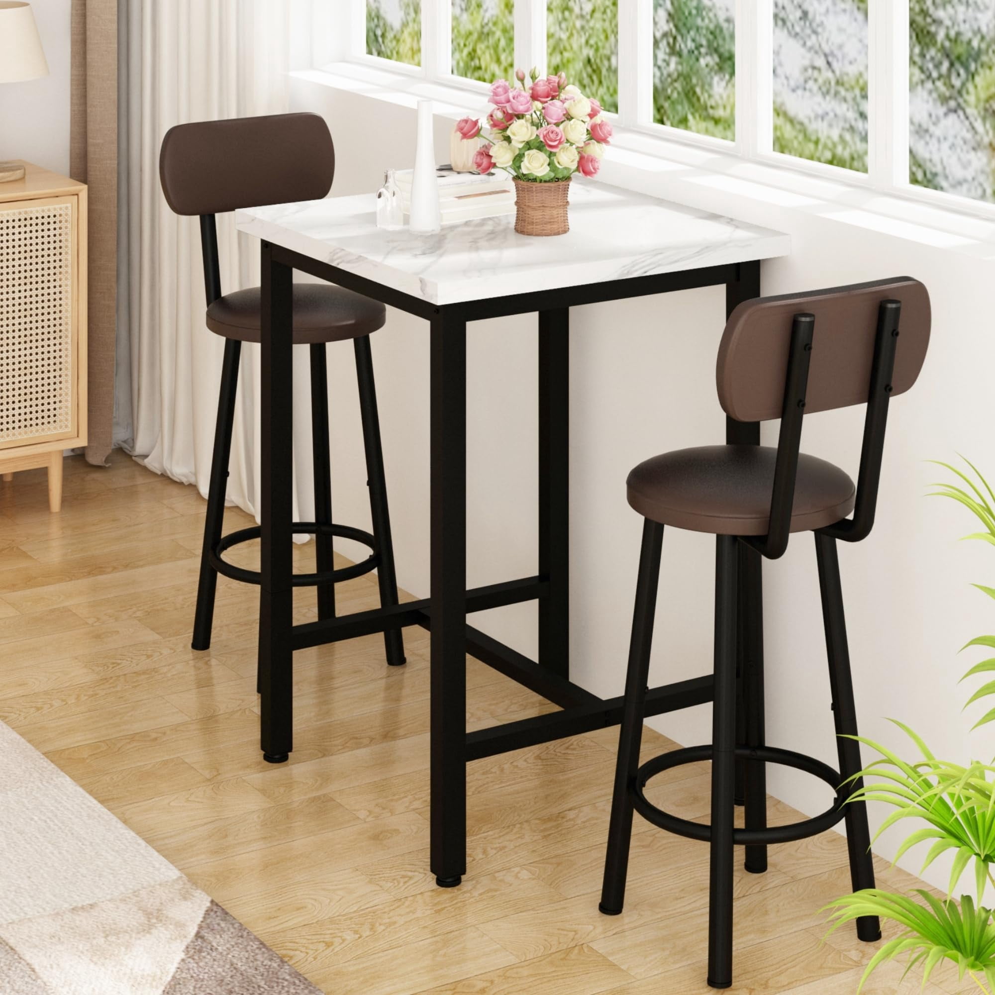 MOOSENG Bar Table Set of 2, Bistro Kitchen Table Sets with 2 PU Leather Bar Stools, Wood Pub Bar Table Set for Breakfast Nook Small Space Restaurant, Square Table