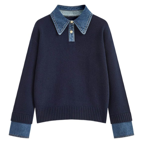 Sweaters for Women Fall Outfits for Women 2025 Women's Pullover Sweater Casual Loose Knit Top Collar Denim Elegant Versatile Shirt Style Comfortable Soft Yarn