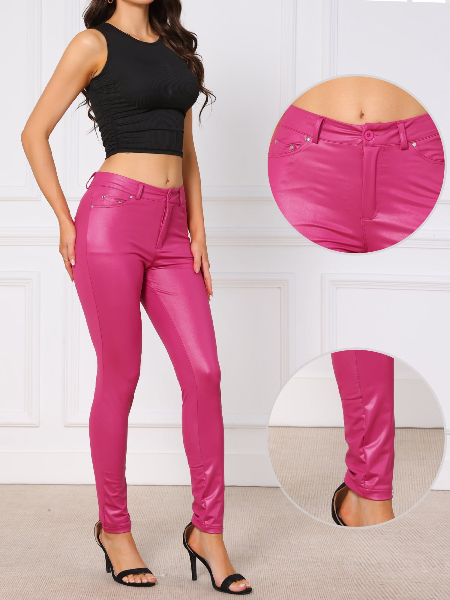 DARING DIVA Women High Waist Stretch Legging Faux Leather Pants Small Hot Pink