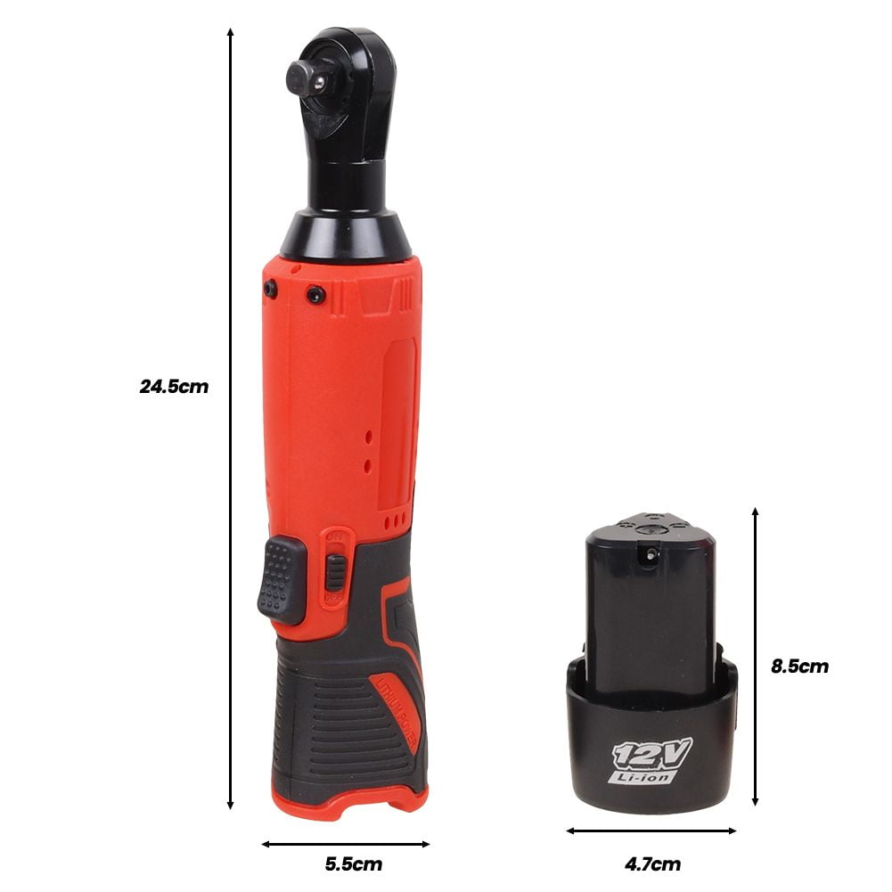 Electric Cordless Ratchet 3/8" 12V Right Angle Wrench Impact Power Tool with 2 Batteries and 7 Sockets