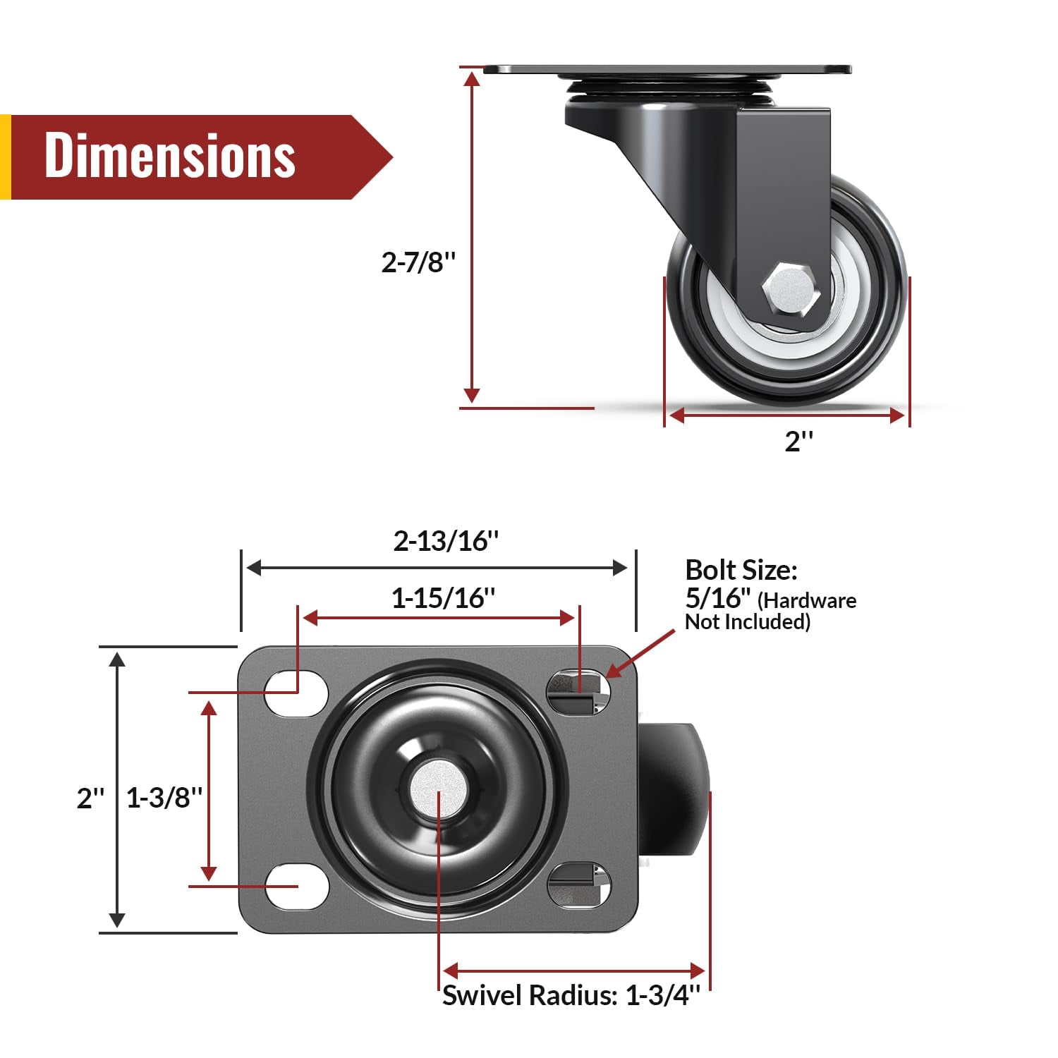 2 Inch Swivel Caster Wheels - Heavy Duty 600 Lbs Capacity (Pack of 4) Silent Polyurethane Casters No Brake Non-Marking Rubber Replacement for Furniture, Cart, Workbench & Dolly