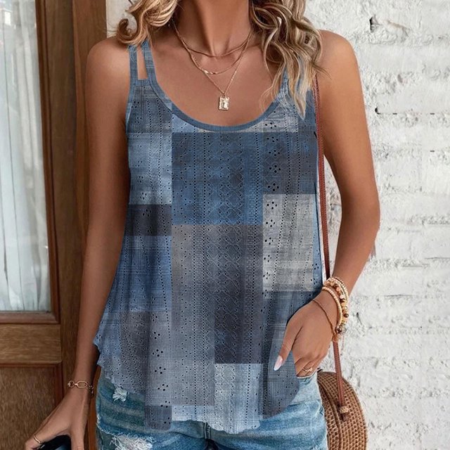 Puntoco Camisetas sin mangas ajustadas para mujer Camiseta sin mangas holgada informal de verano con cuello redondo y estampado a la moda para mujer