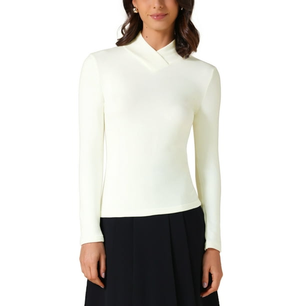 Camiseta de color sólido para mujer INSPIRE CHIC con cuello asimétrico y mangas largas, básica, L, blanca