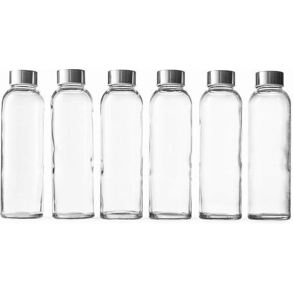 Epica Glass Water Bottles with Lids, Reusable Clear Juice Jars, 18 oz, 6-Pack