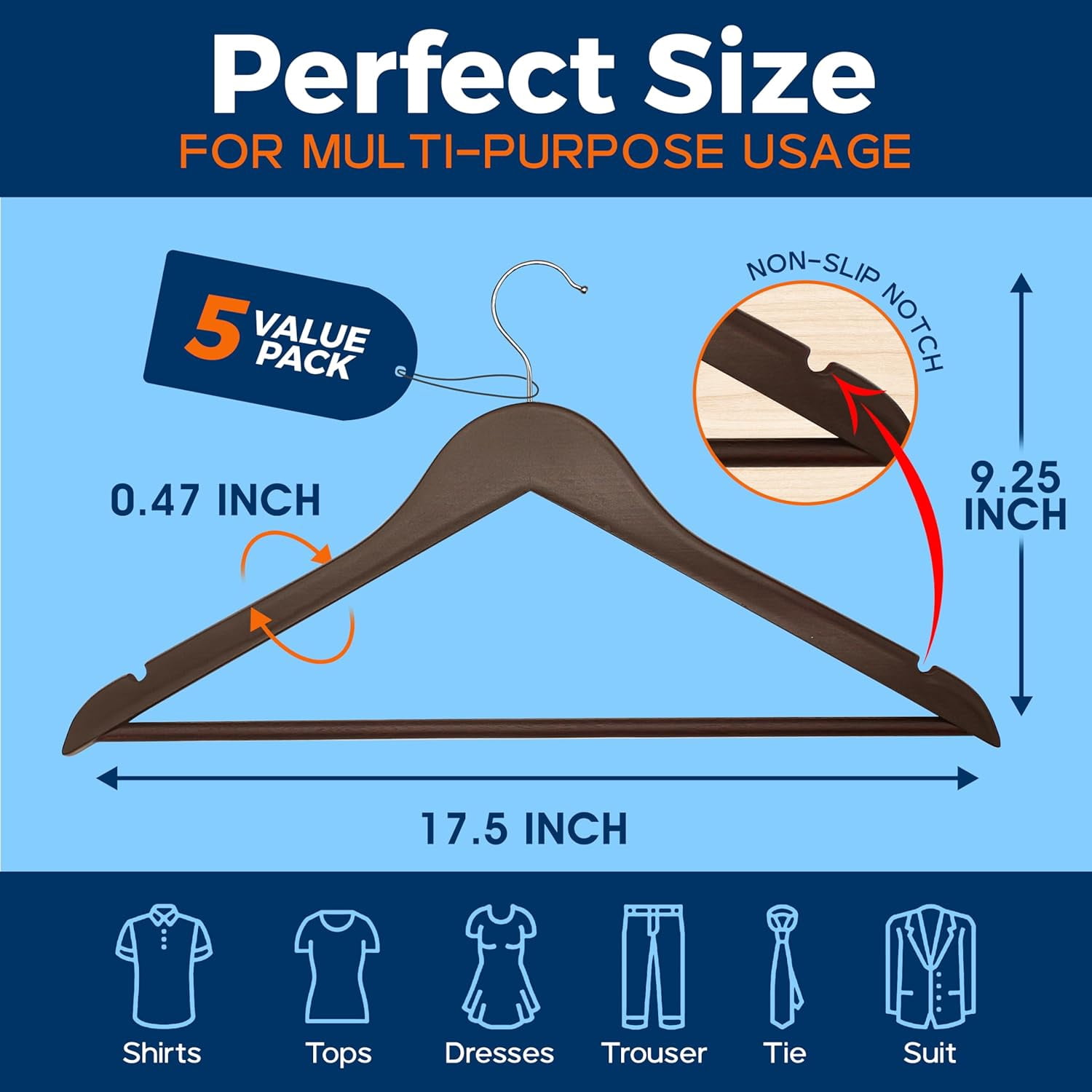 Brown Wooden Hangers 5 Pack – Heavy-Duty with 360° Swivel Hook, Non-Slip, Pants Bar & Shoulder Grooves - Wooden Hangers for Suits, Jackets, Dresses & Camisoles, Space-Saving and Smooth Finish