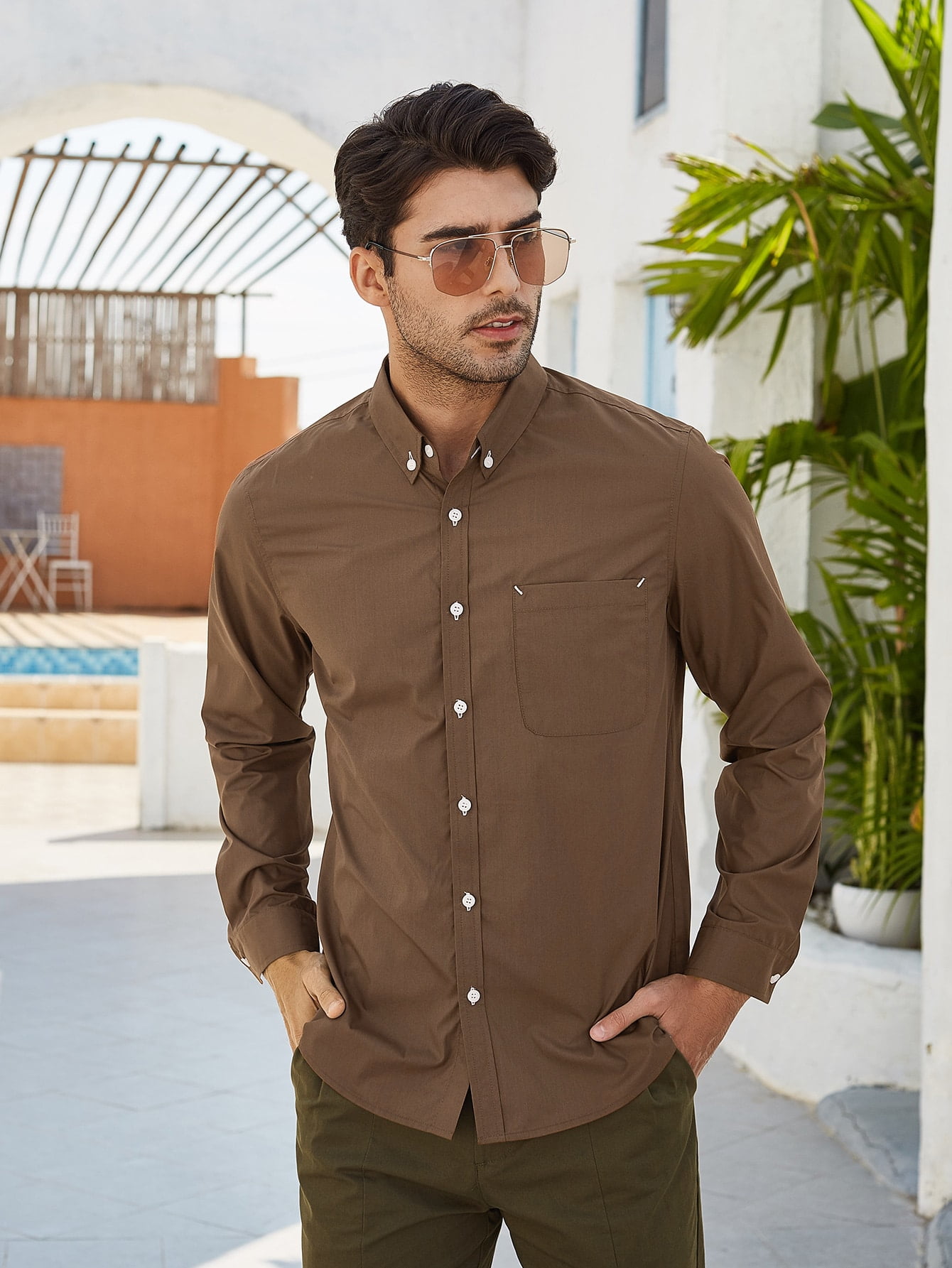 Coffee Brown Men Pocket Patched Button 