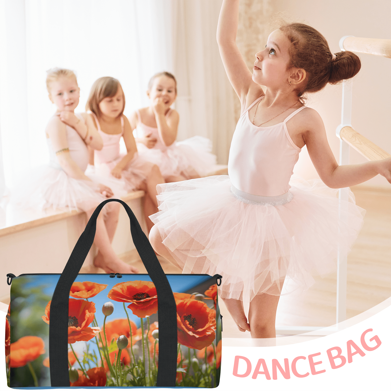 Herdesigns Poppy Flowers Gym Bag for Women, Duffle Bag for Travel Sport, Lightweight Waterproof Carry on Weekender Overnight Dance Yoga Workout Bags