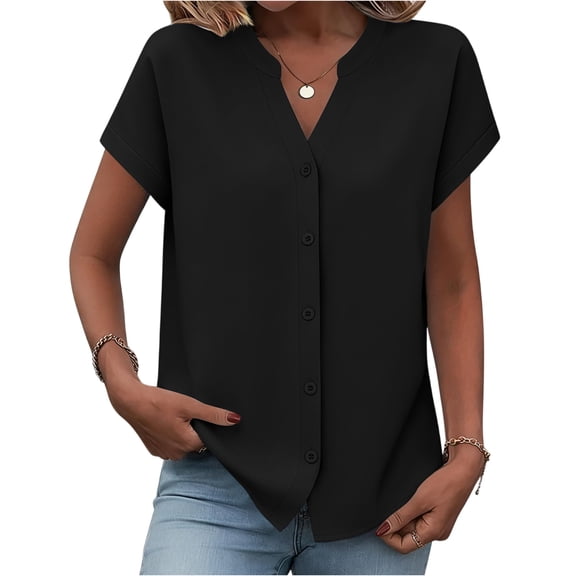 Button Down Shirts for Women Short Sleeve Tops V Neck Collar Solid Color Blouses Business Casual Outfits Blue 2XL