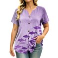 thumbnail image 3 of VBVC Women's Fish Print Notch Neck Tops , Casual Button Detail Shirts For Women,Ladies' Lightweight Loose Short Sleeve Blouses,Purple,S-3XL, 3 of 8