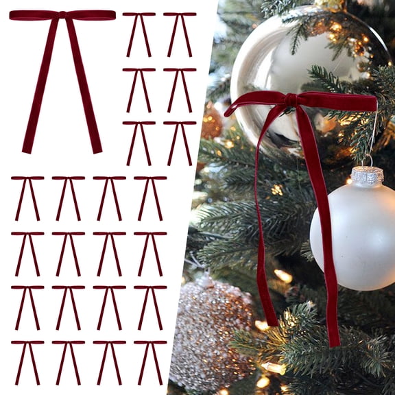 WHOINSHOP Burgundy 24 Pcs Pre-Tied Velvet Bows 3/8'' for Christmas Tree Decorations | Vintage Style Ribbon Bows with Twist Ties for Wreath, Garland, Gift Wrapping & Holiday Crafting