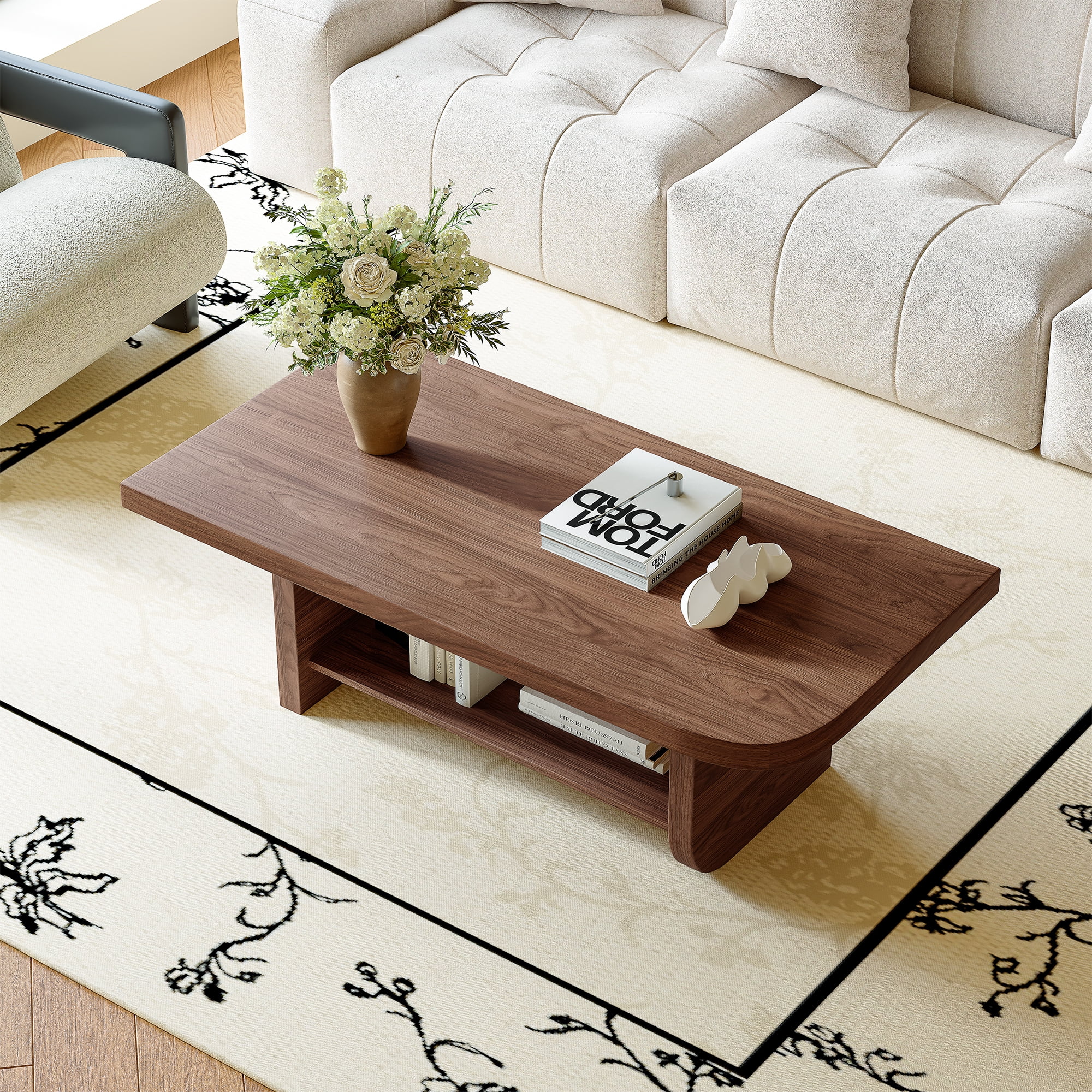 Leumius Coffee Table with Lower Storage Shelf, Mid-Century Modern Living Room Table, Farmhouse Accent Furniture for Living Room, Large Spaces