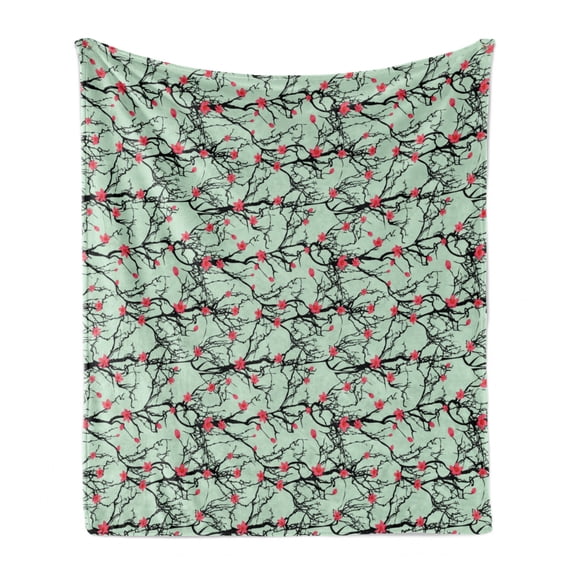 Floral Soft Flannel Fleece Throw Blanket, Japanese Sakura Silhouette Branches and Flowers, Cozy Plush for Indoor and Outdoor Use, 60" x 80", Mint Green Pink, by Ambesonne