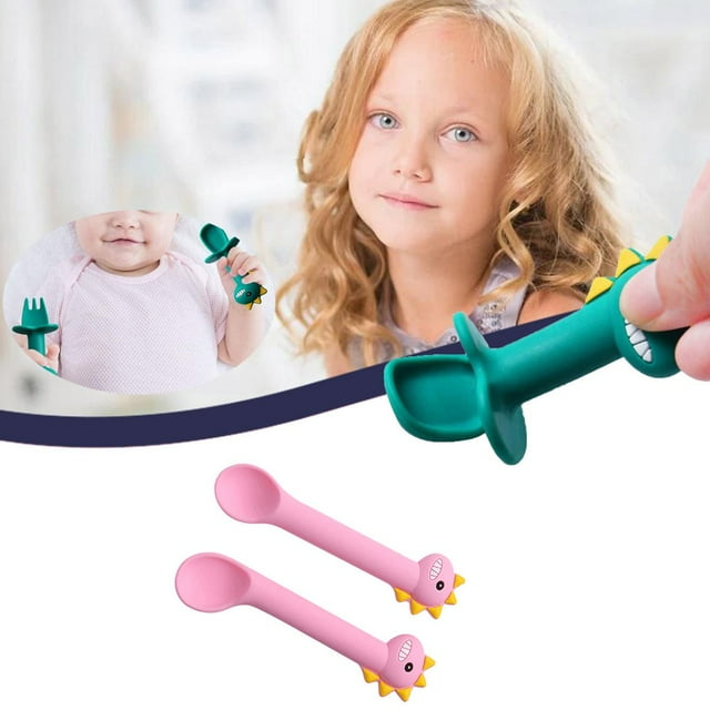 2Pcs Baby Silicone Spoon Fork Set Baby Feeding Training Spoon and Fork for Baby