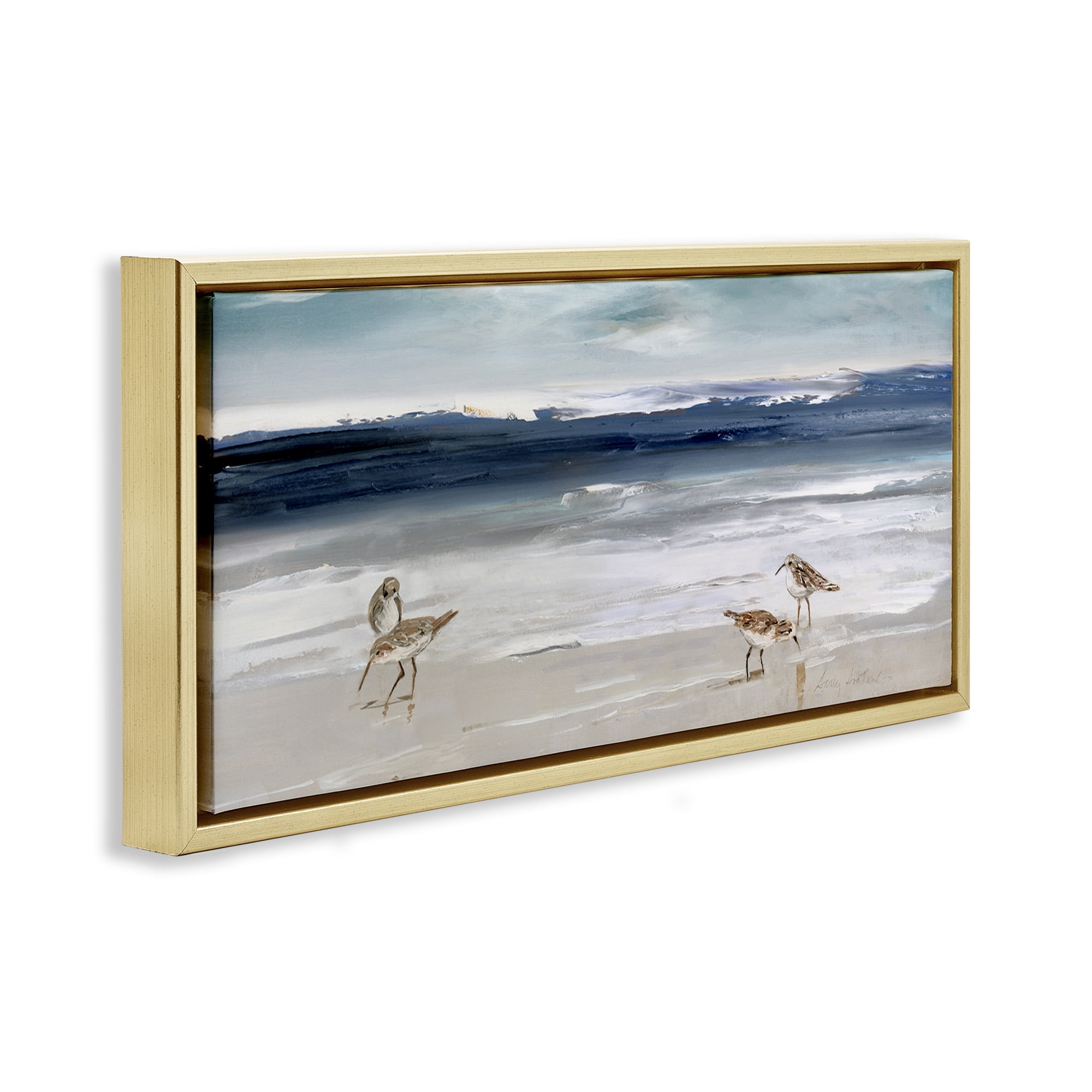 Stupell Industries Sandpipers Grazing Sea Shore Nature Painting Gold Floater Framed Canvas Art Print Wall Art, 31 x 14