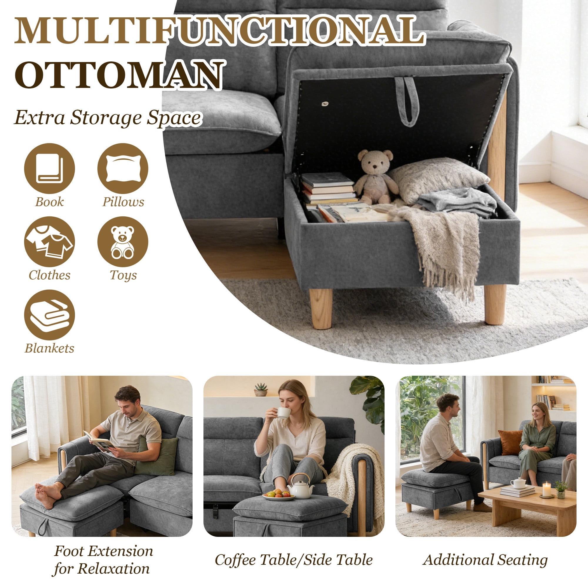MOONMISS 3-Seater Chenille Sectional Sofa with 2 Storage Ottoman & Side Pocket Convertible Chaise Lounge for Living Room,Gray