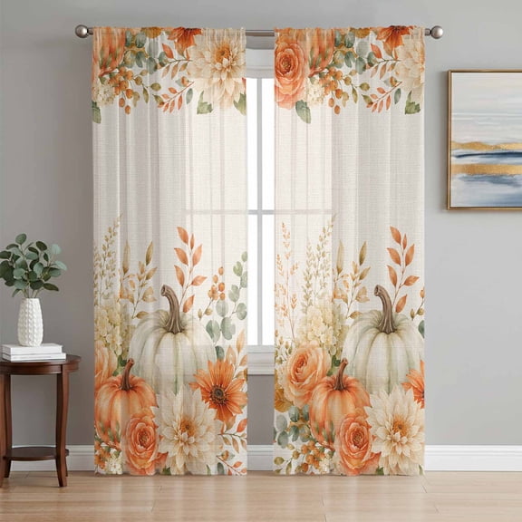 Orange White Pumpkin Sheer Curtains 84 Inches Long, Fall Thanksgiving Rustic Botanical Beige Light Filtering Window Curtains for Living Room, Rod Pocket Voile Chiffon Drapes, 52"W x 84"L, 2 Panels