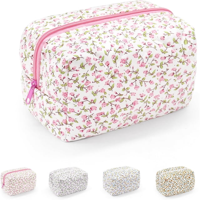 Small Makeup Bag, Cotton Portable Cosmetic Bag, Quilted Floral Makeup Pouch Wash Organizer Bag for Women Girls Ladies