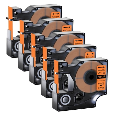 GREENCYCLE 5PK Compatible for DYMO 18434 9mm 5.5m Black on Orange IND Vinyl Label Maker Tape