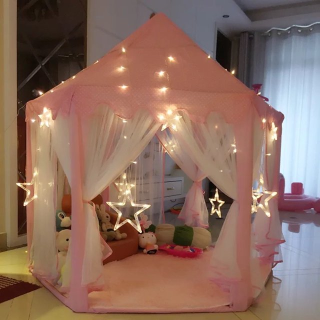 Tienda de campaña hexagonal de tul para interiores para niños, casa de juegos de decoración para bebés, tienda de campaña con castillo de princesa, casa de juguetes