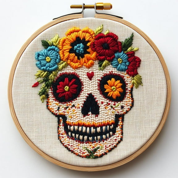 DIY Punch Needle Kits Skull Head with Flowers Easy for Beginners Punch Needle Embroidery Set with Hoop Stamped Pattern for Craft lovers and Home Decor-2
