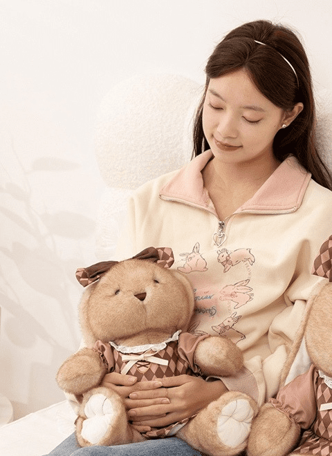 14/18in Vintage Checkered Dress Bunny Plush Toy for Kids, Soft Stuffed Rabbit Doll with Bow, Cute Decorative Plushie, Available in 2 Sizes