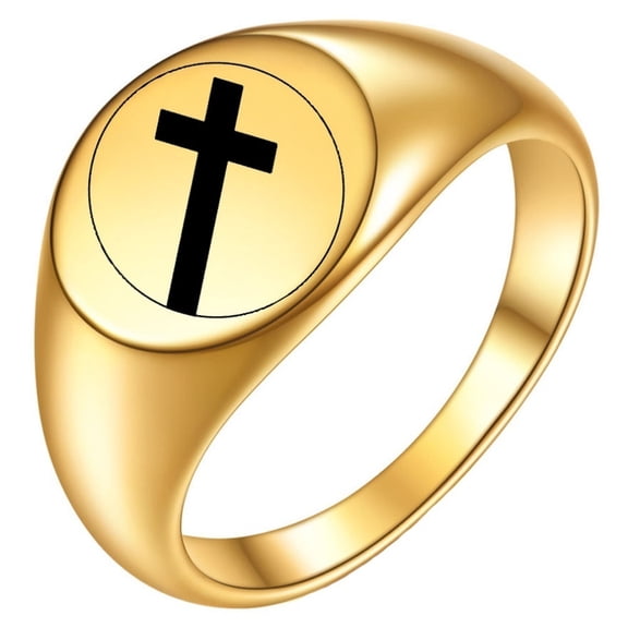 PAMTIER Men's and Women's Stainless Steel 12MM Retro Classic Cross Circular Ring Gold Size 5