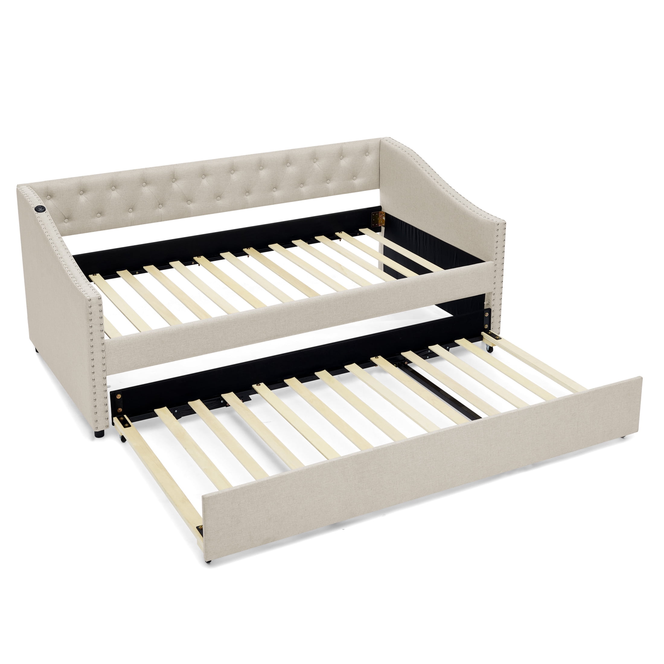 Noble House Liza Twin Size Upholstered Tufted Daybed, Extendable Pull-out Double Bed Frame with Charging Port, Beige