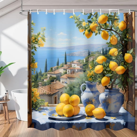 Coastal City Window Pattern Shower Curtain, Waterproof Fabric Shower Curtain, Washable Polyester Bath Curtain for Bathroom Decor 36"W X 72"H