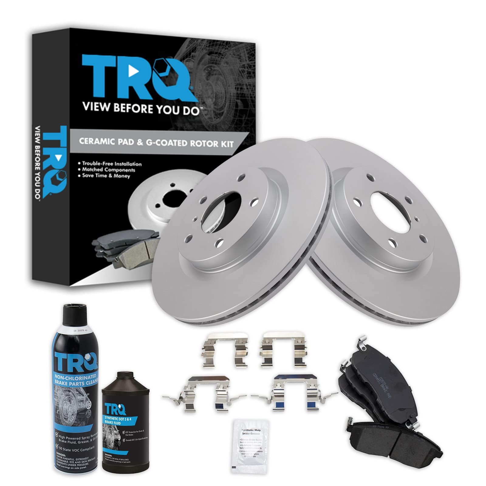 TRQ Front Brake Coated Rotor & Premium Ceramic Pad Kit w/Fluids for