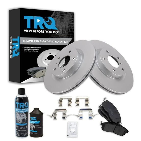 TRQ Front Brake Coated Rotor & Premium Ceramic Pad Kit w/Fluids for Nissan 350Z BKA23989