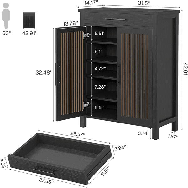 Entryway Shoe Cabinet with 5 Storage Tiers & Large Drawer, 2 Louvered Door Organizer Holds 20 Pairs, Farmhouse Style MDF Construction w/ Anti-Tip