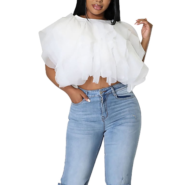 ZOHIUM Chiffon Blouses for Women Casual Solid Short Sleeve Mesh 