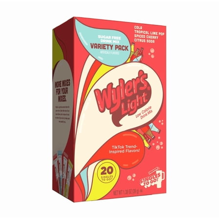 Wyler’s Light Sugar Free Drink Mix Variety Pack, 20 Singles To Go, Powder Sticks, Cola, Tropical Lime Pop, Spiced Cherry & Citrus Soda Flavors
